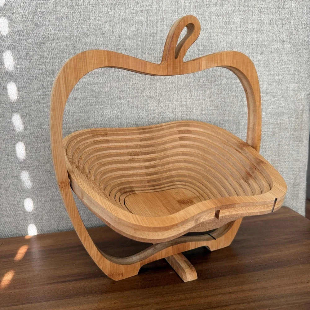 Farmhouse Bamboo Apple Shaped Collapsible Fruit Basket Wood Folding Bowl‎ Trivet